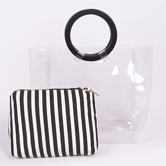 Clear Transparent Tote & Striped Make-Up Case - Bag in Bag - 2 for 1- NWT - Picture 3 of 6